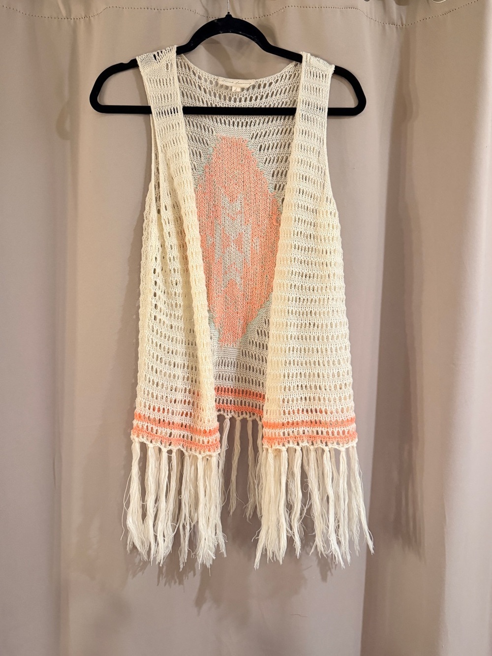Sweet Journey Crochet Fringe Vest in Cream with Coral Accent
